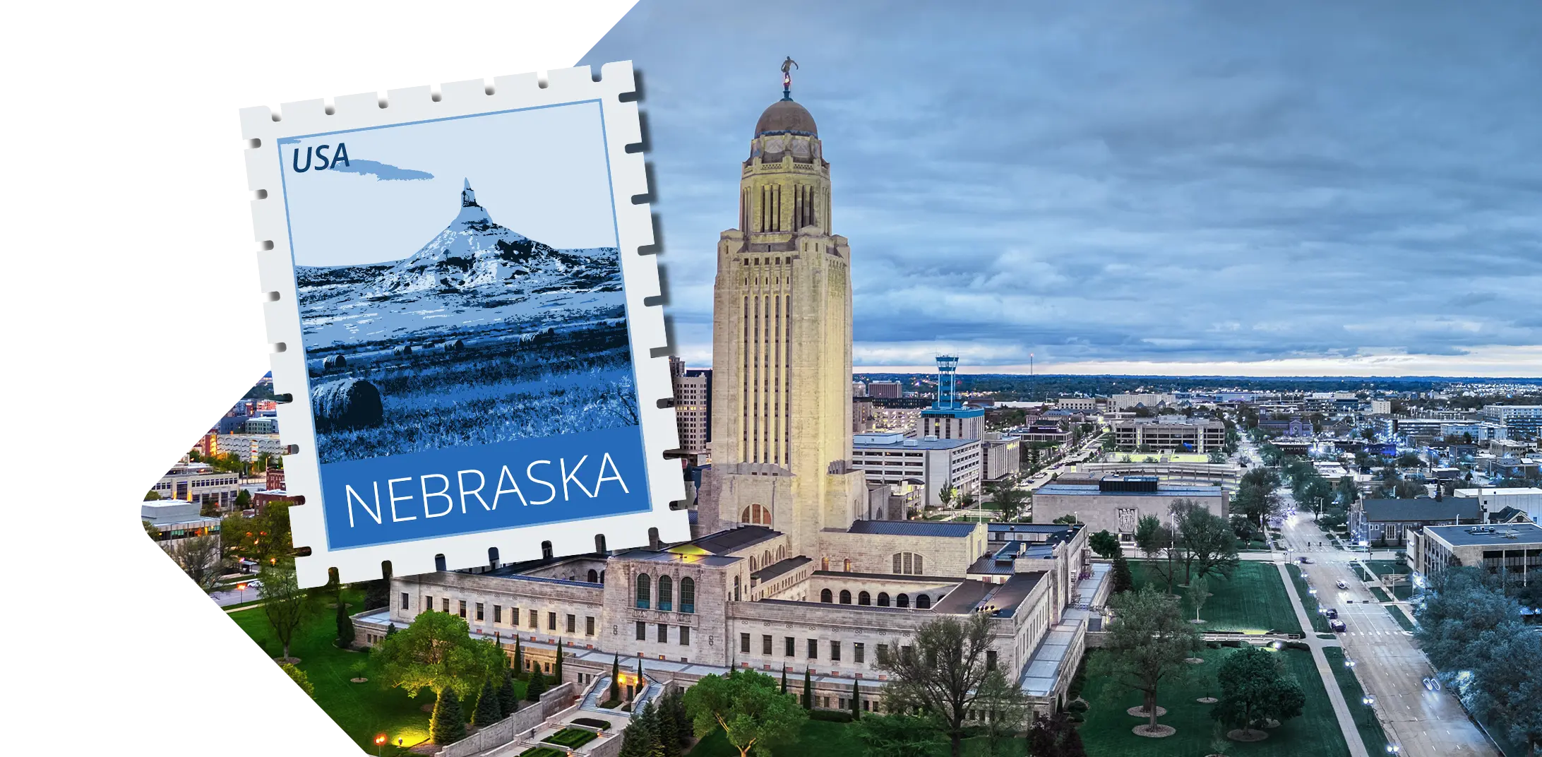 Nebraska skyline with stamp