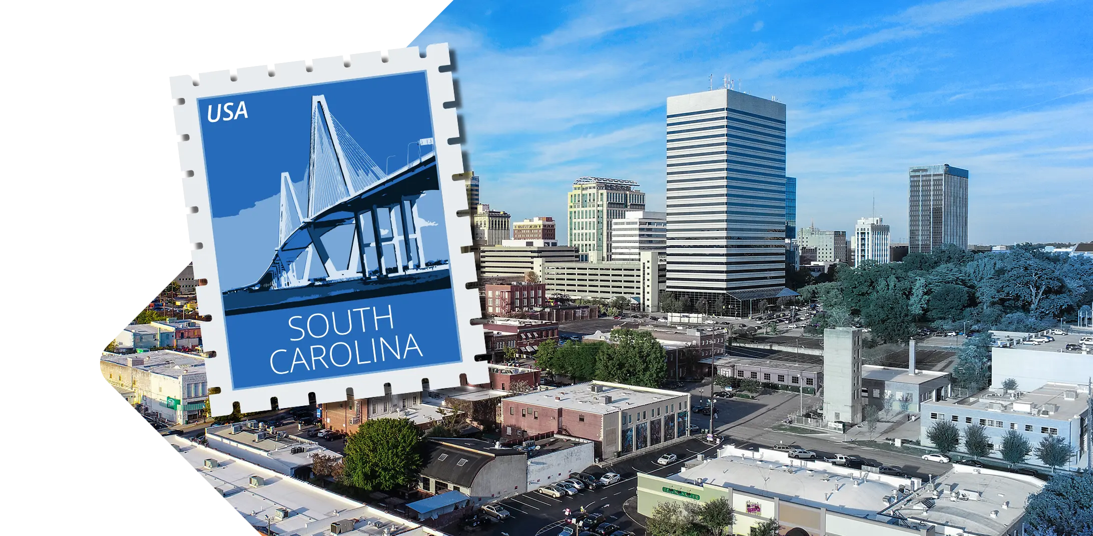South Carolina skyline with stamp