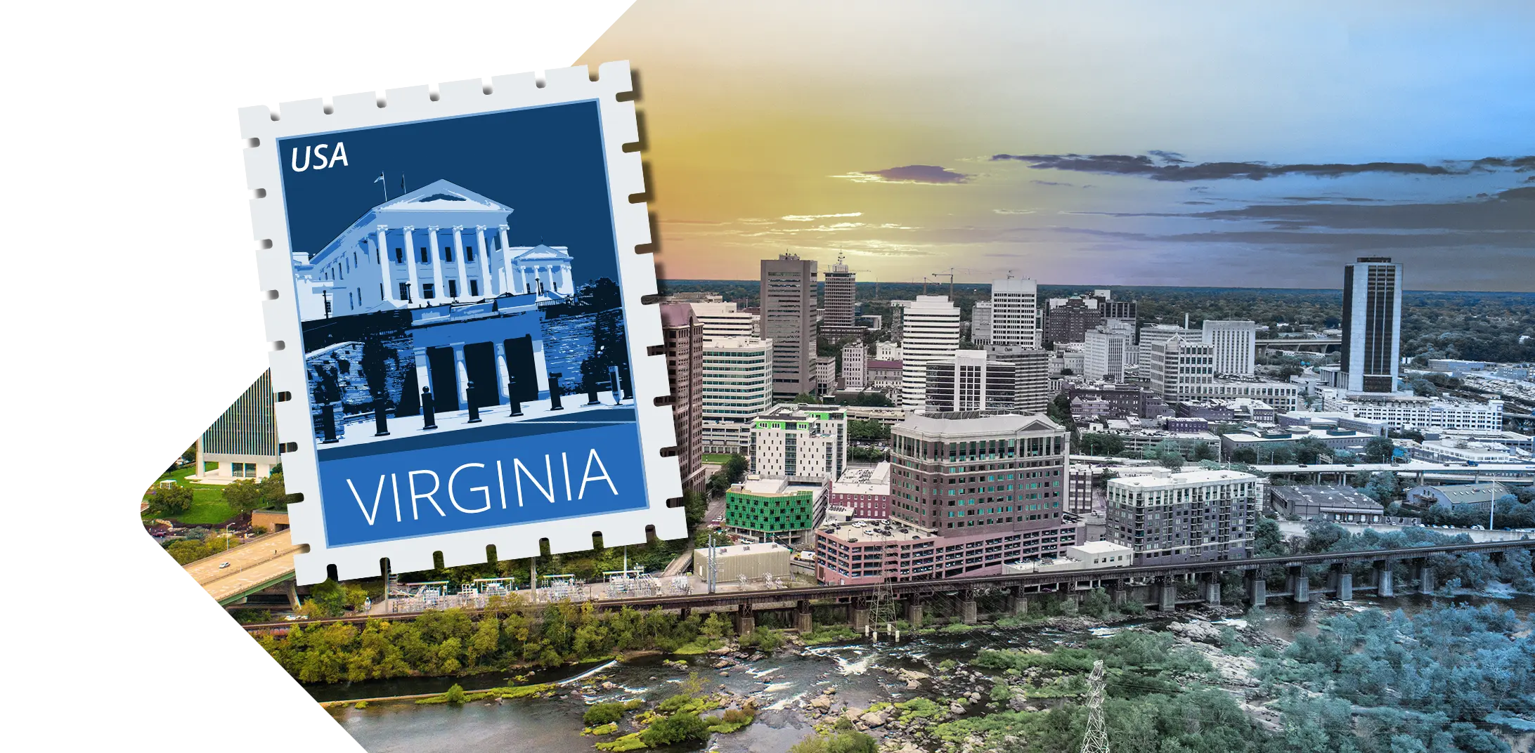 Virginia skyline with stamp